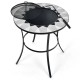 Round fire pit table with mesh cover and fire poker, featuring a durable steel frame and decorative patterns for.