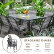 Set of 6 gray outdoor stackable chairs with PE wicker and steel frame, perfect for patio dining and easy storage.