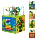 Colorful 5-in-1 wooden activity cube toy featuring bead maze, xylophone, and gears for early educational fun.
