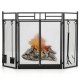 3-panel folding wrought iron fireplace screen in black, featuring a sturdy frame and hanging tools for convenient fire.
