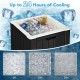 10-gallon black storage cooler filled with ice, designed for outdoor activities, keeps drinks cool for over 24 hours.