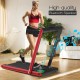 2-in-1 folding treadmill with Bluetooth speaker, LED display, and remote control for convenient walking or running.