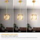 Cube LED pendant light in gold with adjustable suspender, showcasing low, mid, and high brightness settings for.