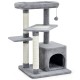 Gray cat tree with plush perch, scratching posts, and cozy condo, perfect for indoor play and relaxation.