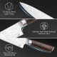 Close-up of the stainless steel blade with hammered finish and ergonomic ebony wood handle for the knife set.