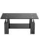 Rectangular gray coffee table with tempered glass top and shelf, featuring stainless steel bars for durability and.