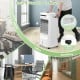 4-in-1 portable evaporative air cooler in white with wheels, timer, and adjustable modes for home, office, or dorm use.