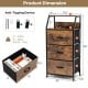 Product dimension chart for freestanding cabinet dresser with wooden top, showcasing size and storage capacity details.