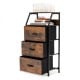 Freestanding cabinet dresser with wooden top, side view showcasing three fabric drawers and a sturdy steel frame for.