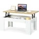 Lift top coffee table in white with a wooden surface, featuring a hidden storage compartment for versatile use.
