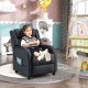 Kids recliner chair in blue, showing a child comfortably seated, featuring a cozy footrest and side pockets for toys.