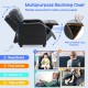 Kids recliner chair in blue with adjustable backrest and footrest, featuring side pockets for books and snacks.