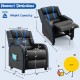 Dimensions of the blue kids recliner chair, showcasing adjustable features and side pockets for convenient storage and.