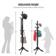 Adjustable black wooden coat rack with 9 hooks, featuring a sturdy tri-legged base for stability, ideal for any room.
