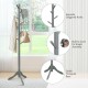 Adjustable gray wooden coat rack with 8 staggered hooks and a stable triangular base, perfect for home or office.