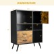 Industrial buffet sideboard with rustic brown drawers, showcasing dimensions and design features for kitchen storage.