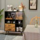 Industrial buffet sideboard in rustic brown with drawers and cubbies for kitchen storage, featuring splayed metal legs.