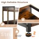 Close-up of the adjustable foot pads and raised edges on the 3-tier industrial bookshelf with a sturdy metal frame.