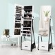 Jewelry cabinet with full-length mirror, multiple storage partitions, and lockable wheels for easy mobility and.