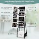Jewelry cabinet with full-length mirror, featuring large storage capacity, multiple compartments, and lockable wheels.