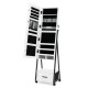 Jewelry cabinet with open door revealing storage compartments, white MDF and steel frame, ideal for organized jewelry.