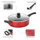 Red hard anodized nonstick saucepan with a transparent glass lid and heat-resistant handle for versatile cooking.