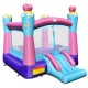 Princess theme inflatable bounce house with slide, basketball rim, and mesh walls for safe indoor or outdoor fun.