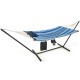 Hammock chair stand set showcasing a soft striped fabric and sturdy steel frame, designed for comfortable outdoor.