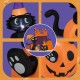 Close-up of the inflatable black cat's face, featuring a playful expression and a witch's hat, perfect for Halloween.