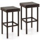 Two brown patio rattan wicker bar stools with sturdy steel frames, perfect for outdoor use on patios or poolside.