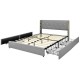 Upholstered full/queen bed frame in silver with tufted headboard and four rolling drawers for hidden storage.