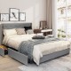 Upholstered full/queen bed frame in silver with tufted headboard and four storage drawers for stylish bedroom.
