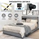 Upholstered full/queen bed frame in silver with tufted headboard and four drawers for stylish storage and comfort.