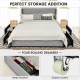 Upholstered full/queen bed frame in silver with four rolling drawers for hidden storage and a tufted high headboard.