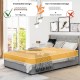 Upholstered full/queen bed frame in silver with tufted headboard and 4 drawers for stylish storage and support.