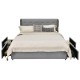 Full/Queen size upholstered bed frame in silver with tufted headboard and four rolling drawers for ample storage.