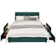 Full/Queen size green upholstered bed frame with tufted headboard and four rolling drawers for hidden storage.