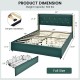 Full size green upholstered bed frame with tufted headboard and four rolling drawers for ample storage and comfort.