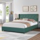 Upholstered green bed frame with tufted high headboard and four rolling drawers for stylish storage and comfort.
