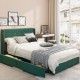 Detail shot of the green upholstered bed frame showcasing the plush linen fabric and steel structure for enhanced.