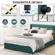 Green upholstered bed frame with tufted high headboard and four rolling drawers for ample storage and comfort.