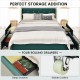 Full size green upholstered bed frame with tufted headboard and four rolling drawers for ample storage space.
