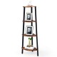 4-tier corner shelf in brown with metal frame, ideal for storage in compact spaces like living room or study.