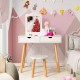 Kid vanity table and chair set in white with mirror, featuring two large storage drawers for kids' room organization.