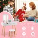 Kid vanity table and chair set in white with mirror, featuring large storage drawers for kids' play and organization.