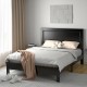 Queen size platform bed frame with high headboard, solid rubber wood legs, and slatted design for mattress support.