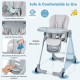 Gray baby folding high chair with adjustable height, detachable PU cushion, and smooth rolling wheels for easy.