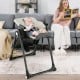 4-in-1 baby high chair in gray with adjustable height, removable trays, and rolling wheels for easy mobility and safety.