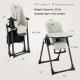 Dimensions of the gray 4-in-1 baby high chair showcasing adjustable height options and suitable age range for infants.