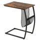 C-shaped vintage end table with a wooden top, metal frame, and side pocket for magazines, perfect for living room use.